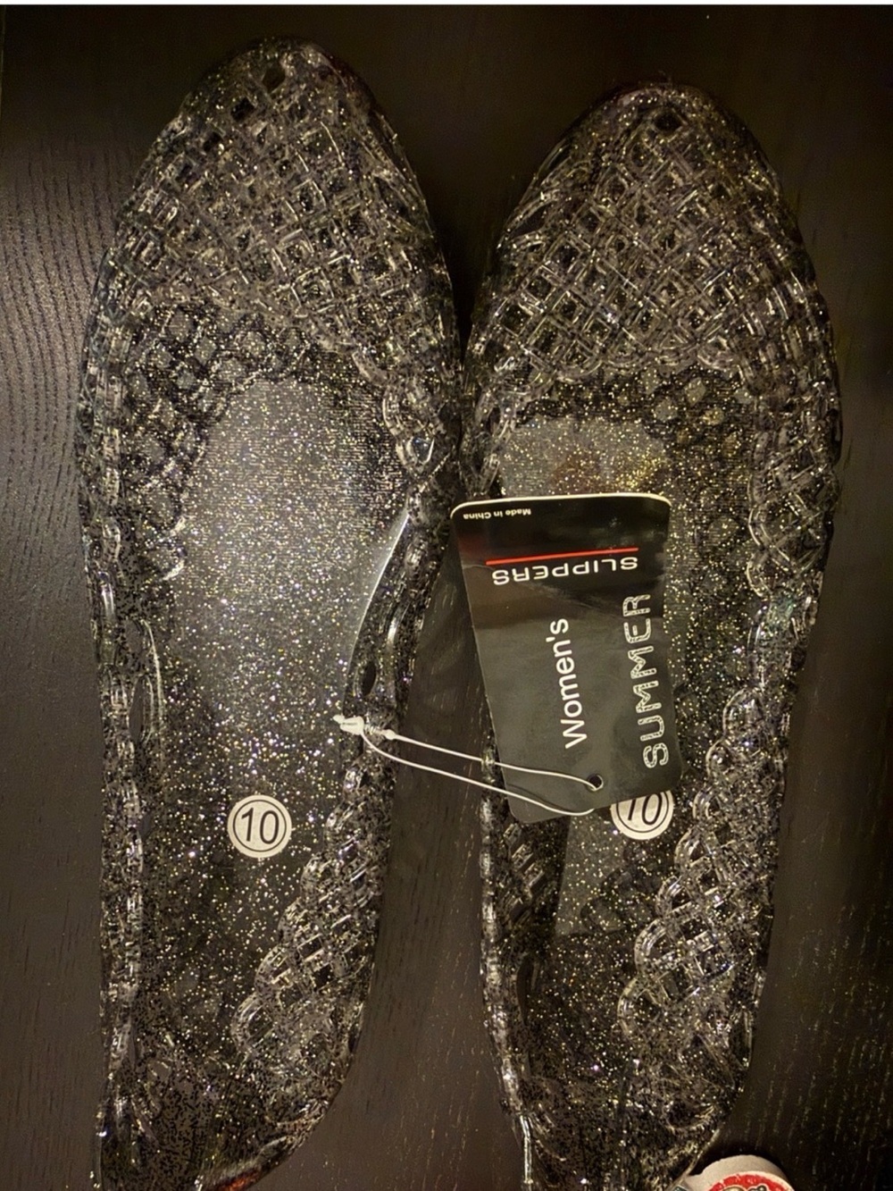 Women's Black Glitter Summer Slip-On Jelly Flats